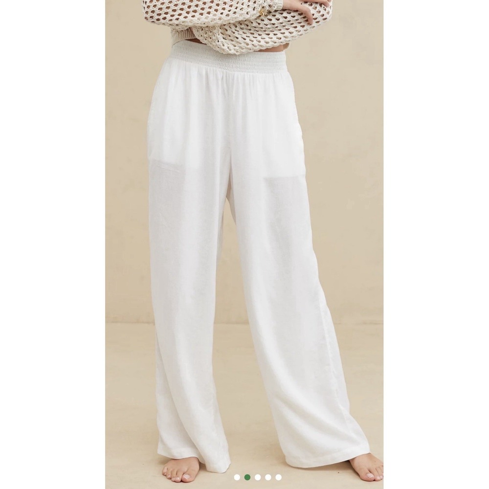 Aerie Women's High Waisted White Elastic Waist Linen Blend SZ XS Wide Leg Pants